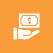 Hand holding money icon on orange background.