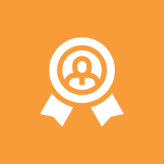 Person icon inside ribbon on orange background.