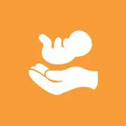 Hand cradling baby icon on orange background