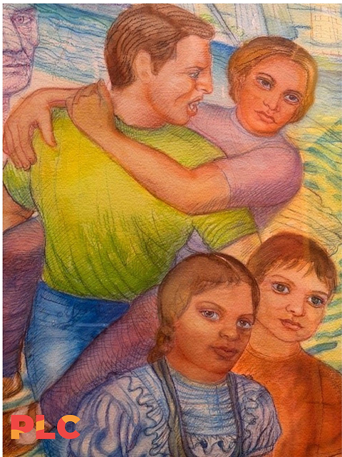 Colorful family portrait painting with parents and children