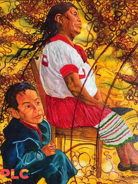 Colorful painting of seated elder woman and child