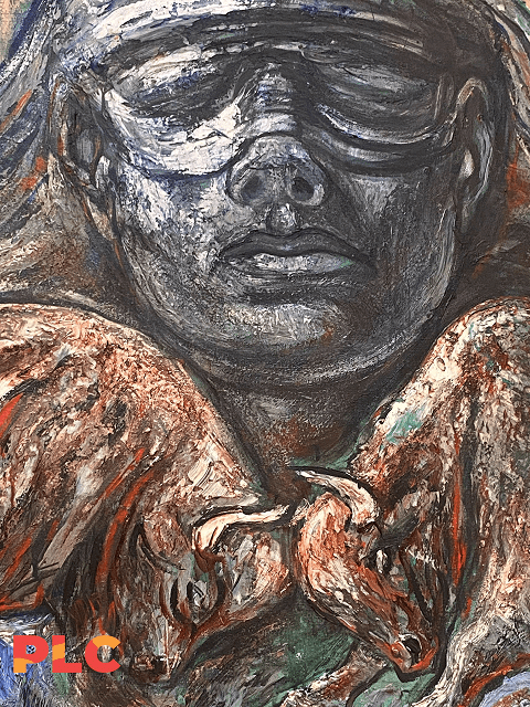 Textured painting of blindfolded winged figure