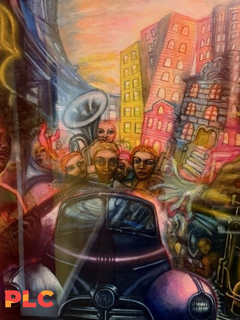 Colorful mural of people around vintage car