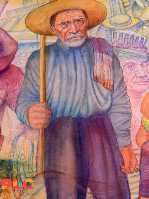 Elderly man in straw hat holding staff