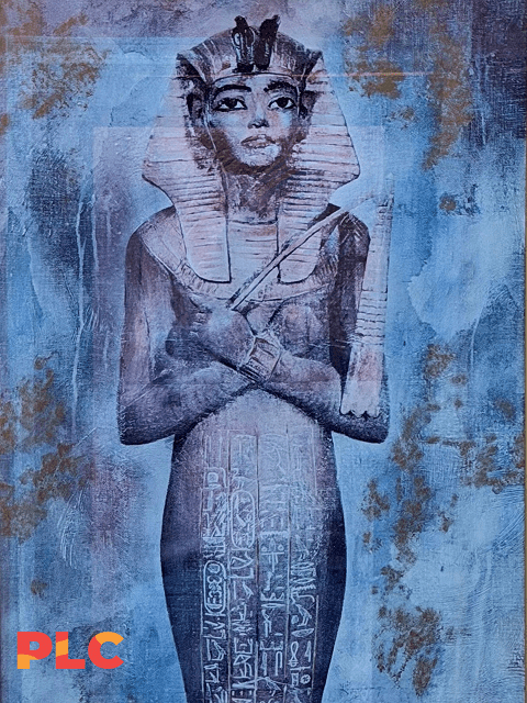 Blue-toned Egyptian pharaoh mural with hieroglyphs