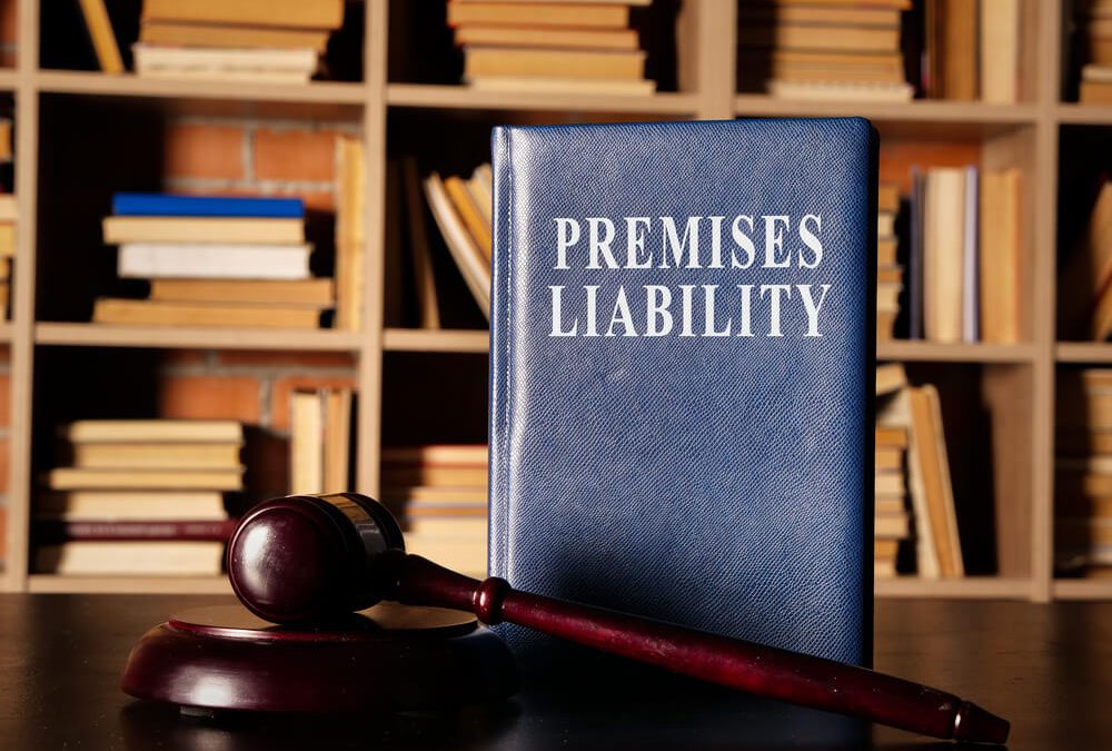 A book of Premises liability kept in front with a book shelf in the back